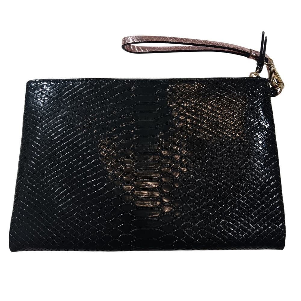 Victoria's Secret Love Victoria Clutch Bag Black Animal Texture Shiny Zipper NEW - Picture 2 of 5